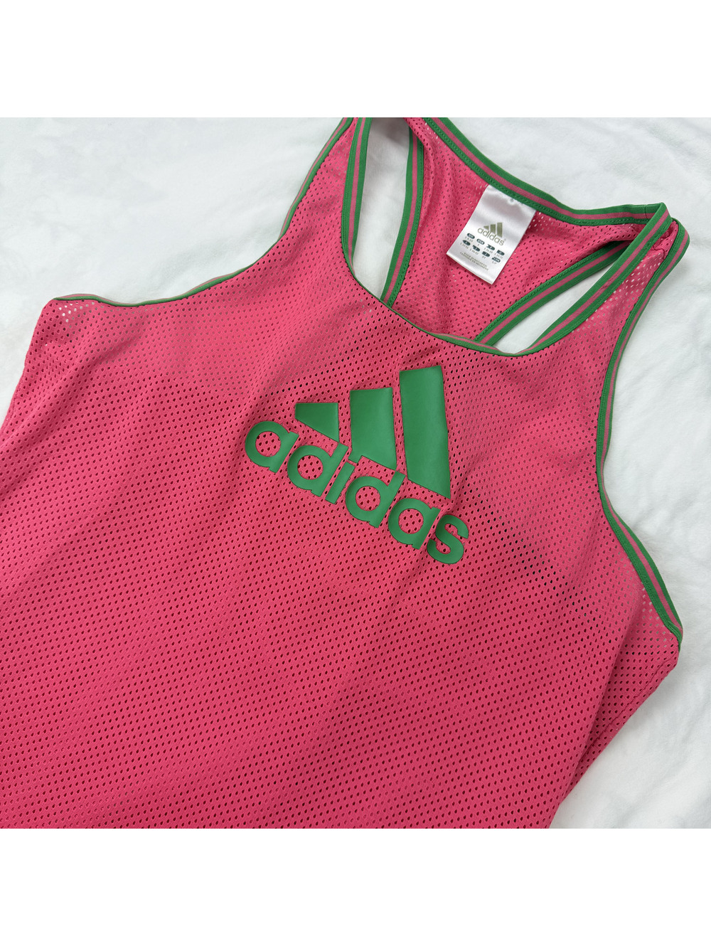 Adidas Womens S Pink Green Mesh Racerback Tank Top Big Logo Y2K Sporty Gym